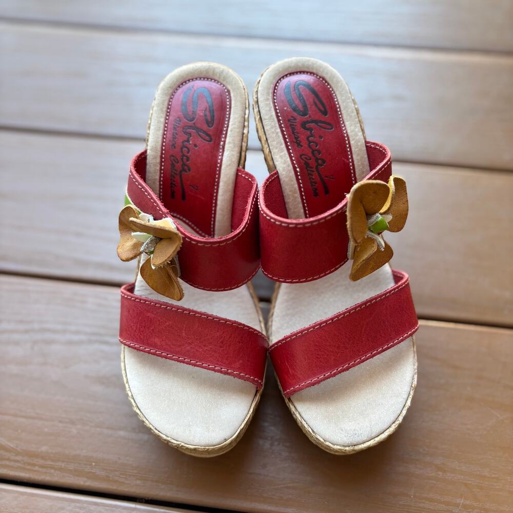 Sbicca Red Leather Floral Espadrille Wedge Sandals Size 7